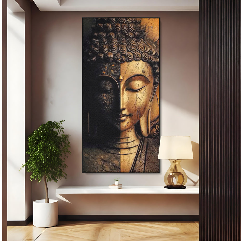 Tablou Canvas Premium, LuxCanva® I143, Lumini si Umbre, Buddha, Zen, Dualitate, Iluminare, Echilibru, Timp, Energie, Meditatie, Liniste, Gold, Marmura, Living, Dormitor