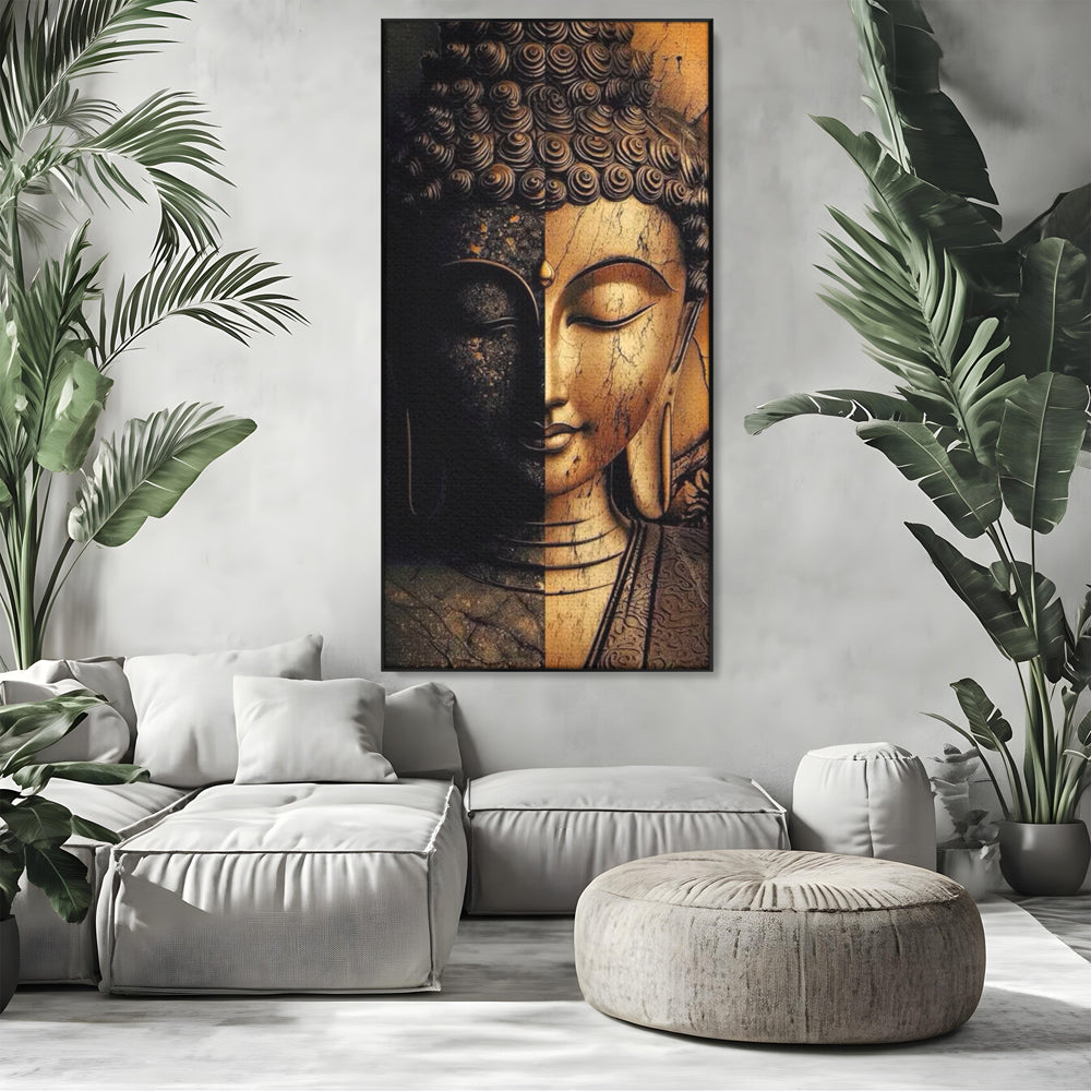 Tablou Canvas Premium, LuxCanva® I143, Lumini si Umbre, Buddha, Zen, Dualitate, Iluminare, Echilibru, Timp, Energie, Meditatie, Liniste, Gold, Marmura, Living, Dormitor
