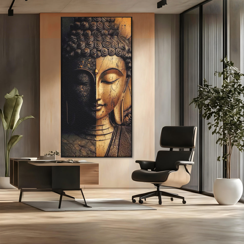 Tablou Canvas Premium, LuxCanva® I143, Lumini si Umbre, Buddha, Zen, Dualitate, Iluminare, Echilibru, Timp, Energie, Meditatie, Liniste, Gold, Marmura, Living, Dormitor