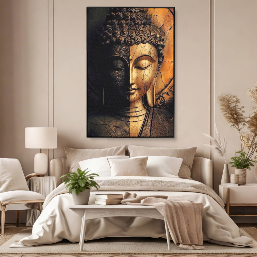 Tablou Canvas Premium, LuxCanva® I143, Lumini si Umbre, Buddha, Zen, Dualitate, Iluminare, Echilibru, Timp, Energie, Meditatie, Liniste, Gold, Marmura, Living, Dormitor