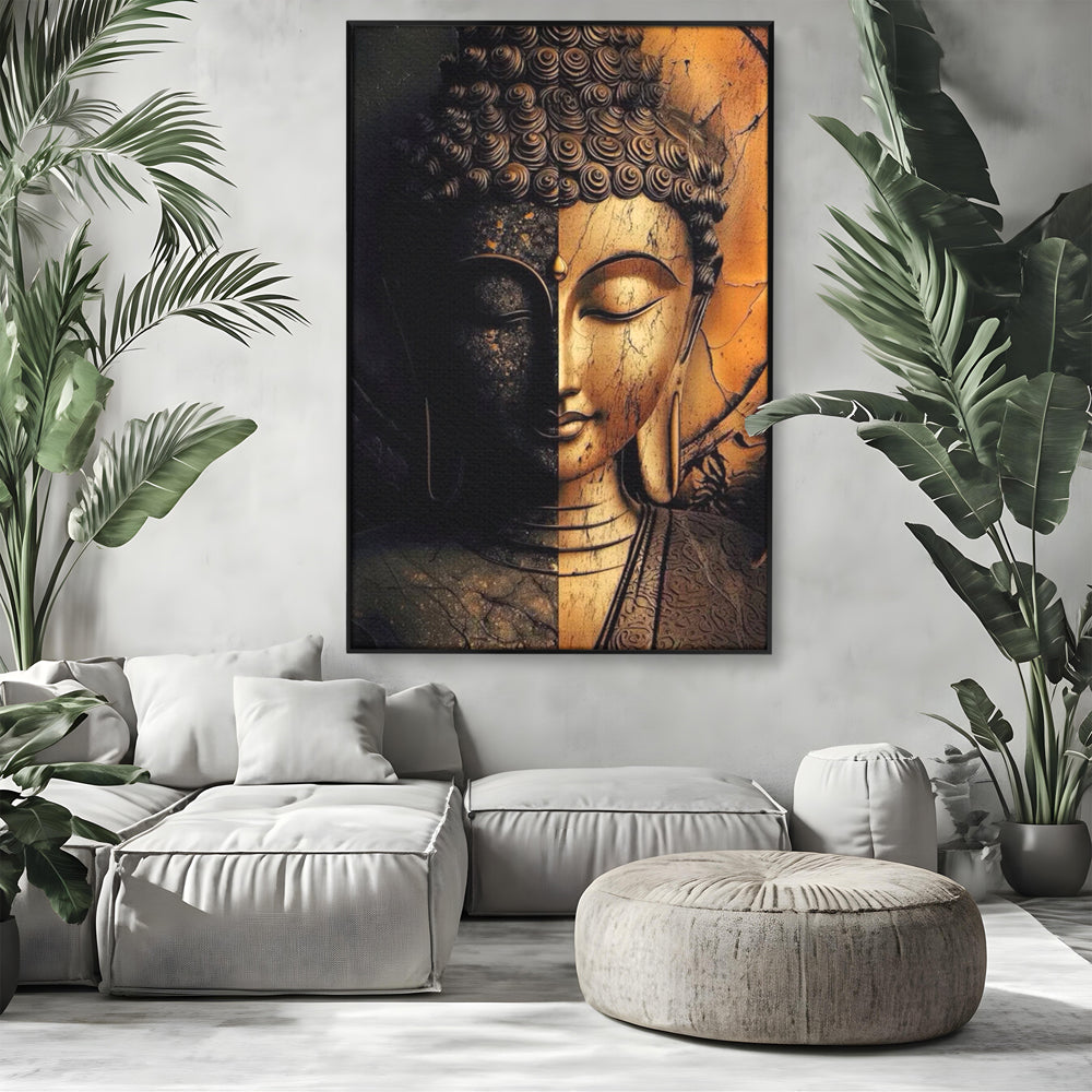 Tablou Canvas Premium, LuxCanva® I143, Lumini si Umbre, Buddha, Zen, Dualitate, Iluminare, Echilibru, Timp, Energie, Meditatie, Liniste, Gold, Marmura, Living, Dormitor