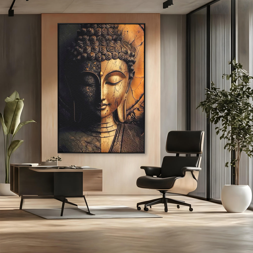 Tablou Canvas Premium, LuxCanva® I143, Lumini si Umbre, Buddha, Zen, Dualitate, Iluminare, Echilibru, Timp, Energie, Meditatie, Liniste, Gold, Marmura, Living, Dormitor