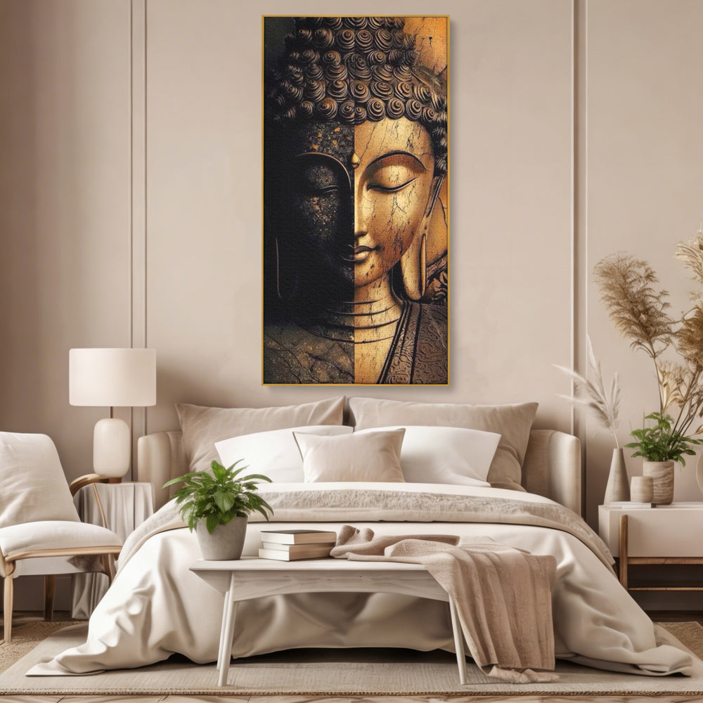 Tablou Canvas Premium, LuxCanva® I143, Lumini si Umbre, Buddha, Zen, Dualitate, Iluminare, Echilibru, Timp, Energie, Meditatie, Liniste, Gold, Marmura, Living, Dormitor