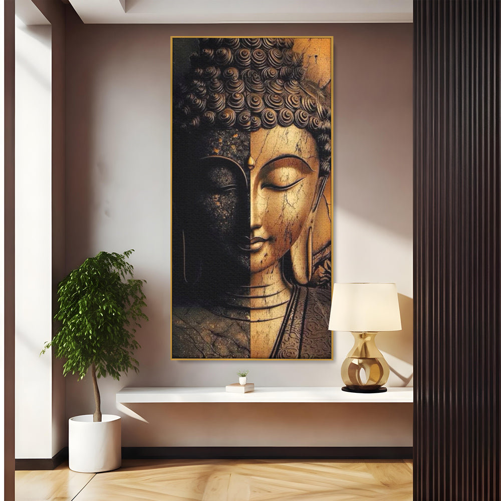Tablou Canvas Premium, LuxCanva® I143, Lumini si Umbre, Buddha, Zen, Dualitate, Iluminare, Echilibru, Timp, Energie, Meditatie, Liniste, Gold, Marmura, Living, Dormitor