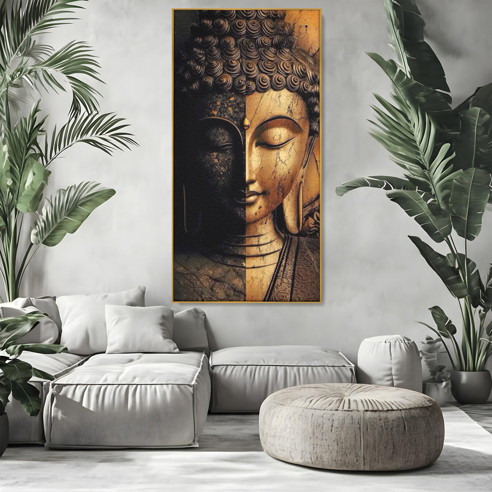 Tablou Canvas Premium, LuxCanva® I143, Lumini si Umbre, Buddha, Zen, Dualitate, Iluminare, Echilibru, Timp, Energie, Meditatie, Liniste, Gold, Marmura, Living, Dormitor