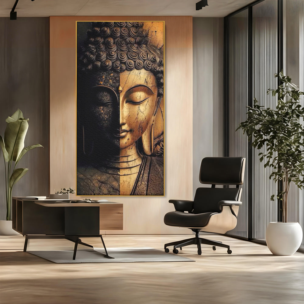 Tablou Canvas Premium, LuxCanva® I143, Lumini si Umbre, Buddha, Zen, Dualitate, Iluminare, Echilibru, Timp, Energie, Meditatie, Liniste, Gold, Marmura, Living, Dormitor