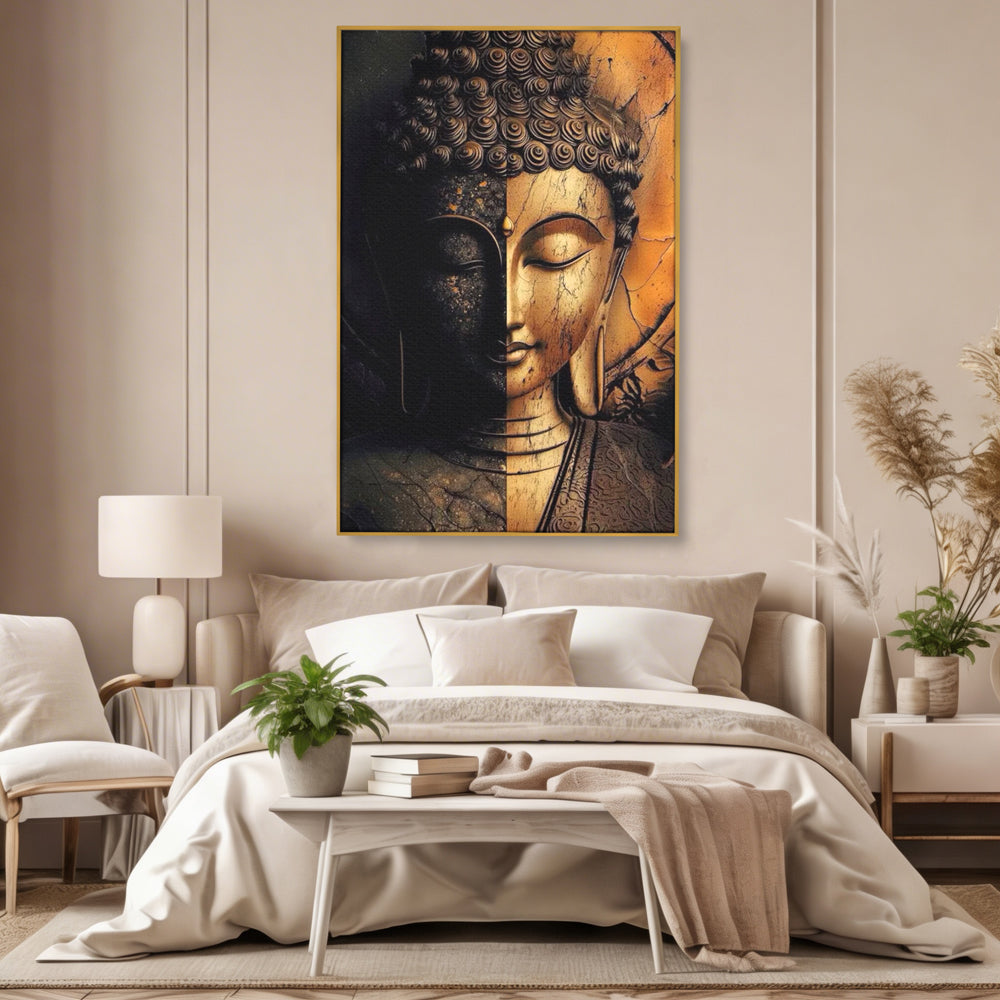 Tablou Canvas Premium, LuxCanva® I143, Lumini si Umbre, Buddha, Zen, Dualitate, Iluminare, Echilibru, Timp, Energie, Meditatie, Liniste, Gold, Marmura, Living, Dormitor