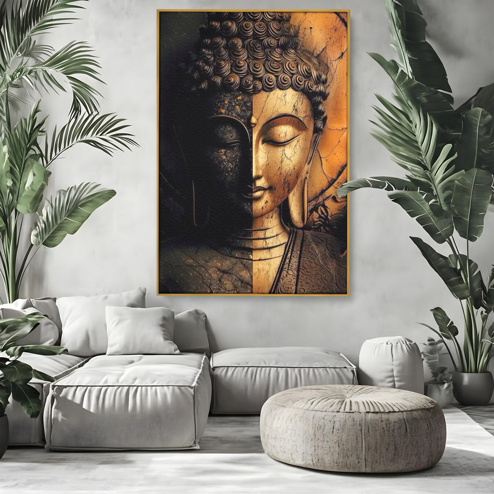 Tablou Canvas Premium, LuxCanva® I143, Lumini si Umbre, Buddha, Zen, Dualitate, Iluminare, Echilibru, Timp, Energie, Meditatie, Liniste, Gold, Marmura, Living, Dormitor