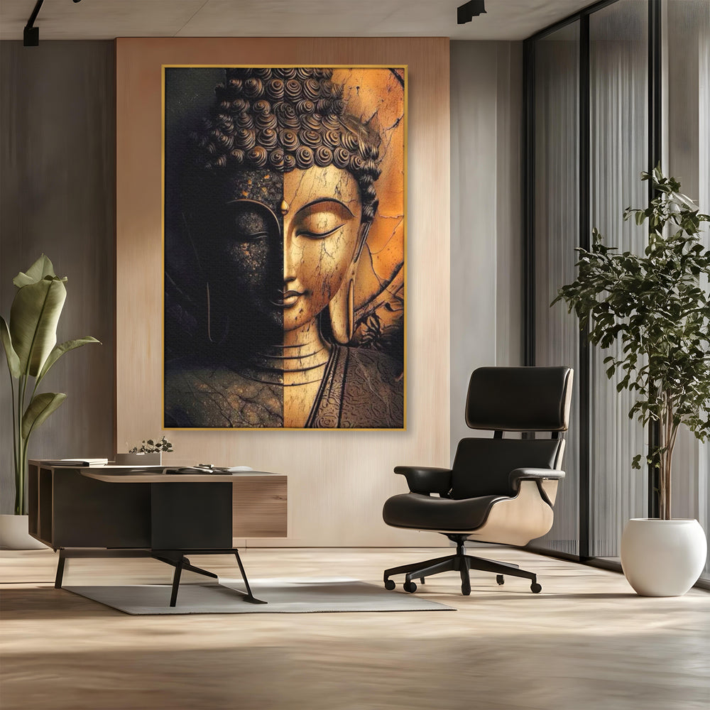 Tablou Canvas Premium, LuxCanva® I143, Lumini si Umbre, Buddha, Zen, Dualitate, Iluminare, Echilibru, Timp, Energie, Meditatie, Liniste, Gold, Marmura, Living, Dormitor