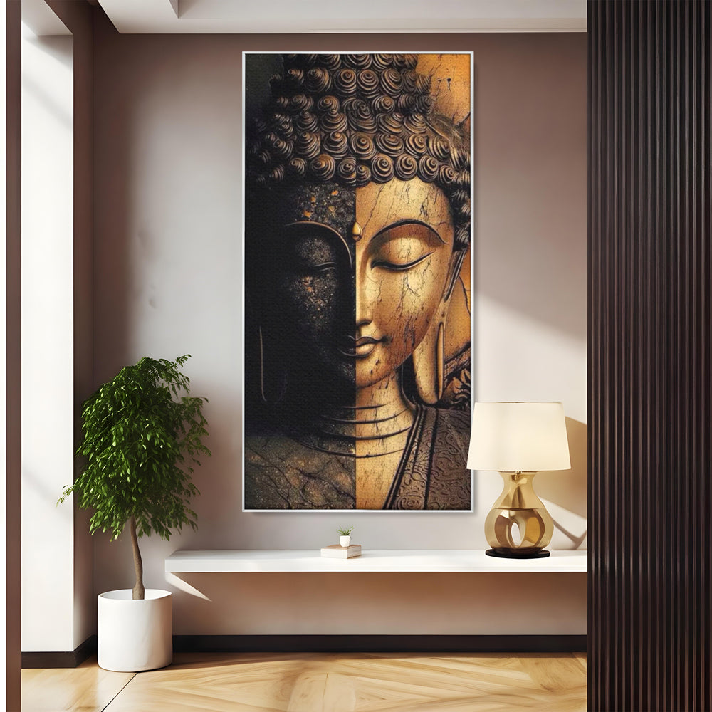 Tablou Canvas Premium, LuxCanva® I143, Lumini si Umbre, Buddha, Zen, Dualitate, Iluminare, Echilibru, Timp, Energie, Meditatie, Liniste, Gold, Marmura, Living, Dormitor