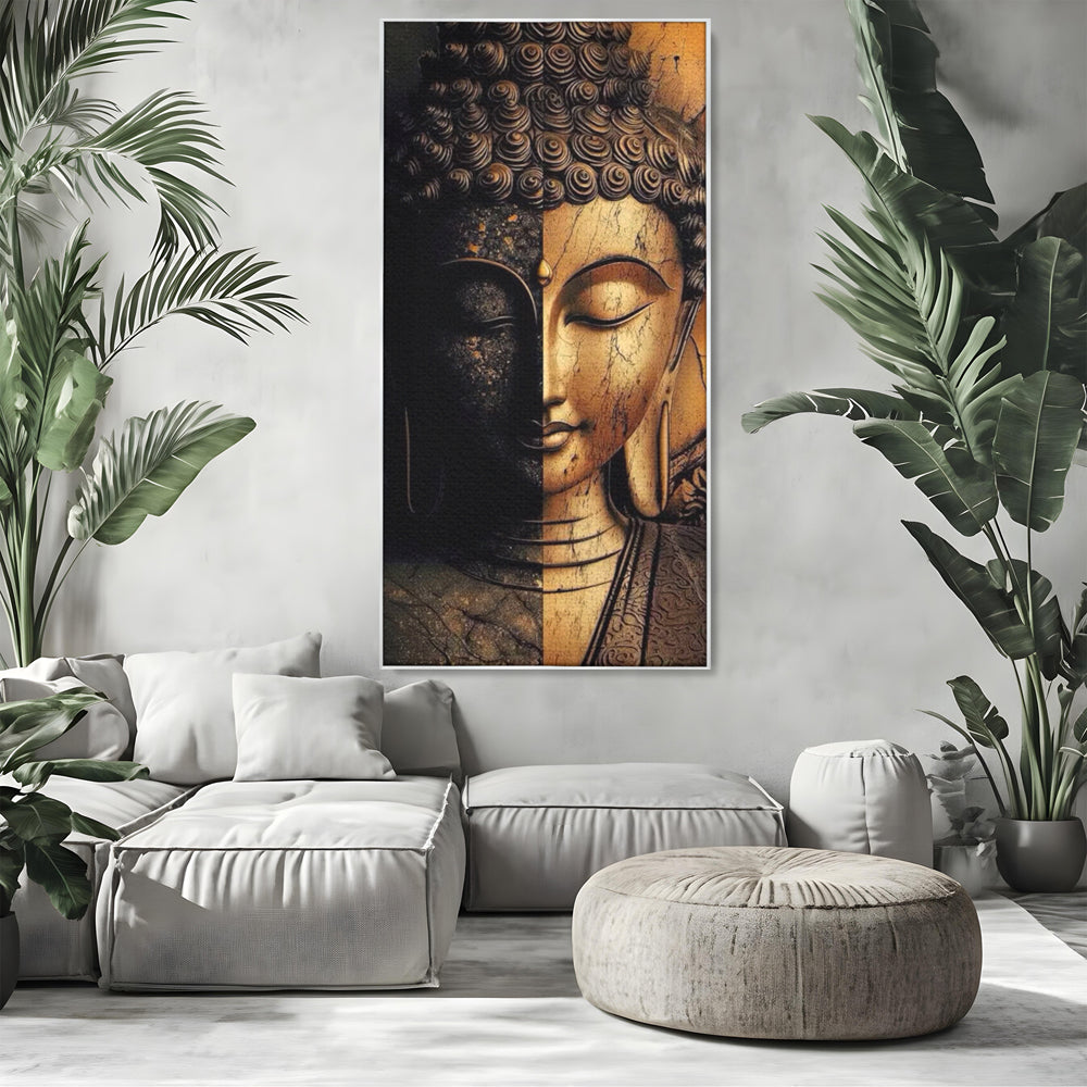 Tablou Canvas Premium, LuxCanva® I143, Lumini si Umbre, Buddha, Zen, Dualitate, Iluminare, Echilibru, Timp, Energie, Meditatie, Liniste, Gold, Marmura, Living, Dormitor