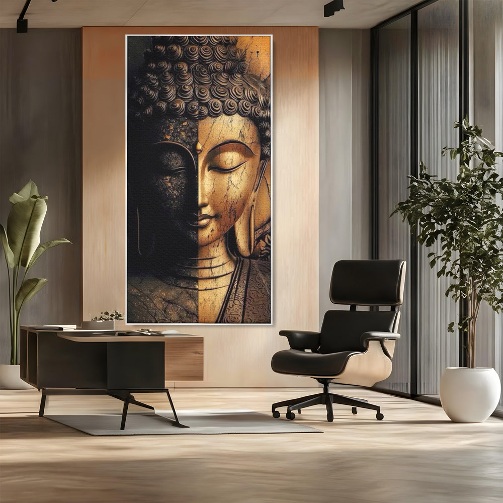 Tablou Canvas Premium, LuxCanva® I143, Lumini si Umbre, Buddha, Zen, Dualitate, Iluminare, Echilibru, Timp, Energie, Meditatie, Liniste, Gold, Marmura, Living, Dormitor