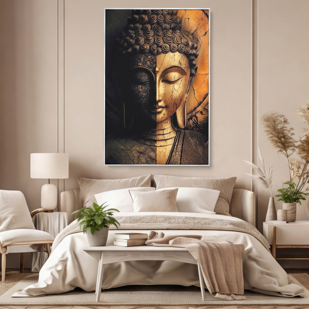 Tablou Canvas Premium, LuxCanva® I143, Lumini si Umbre, Buddha, Zen, Dualitate, Iluminare, Echilibru, Timp, Energie, Meditatie, Liniste, Gold, Marmura, Living, Dormitor