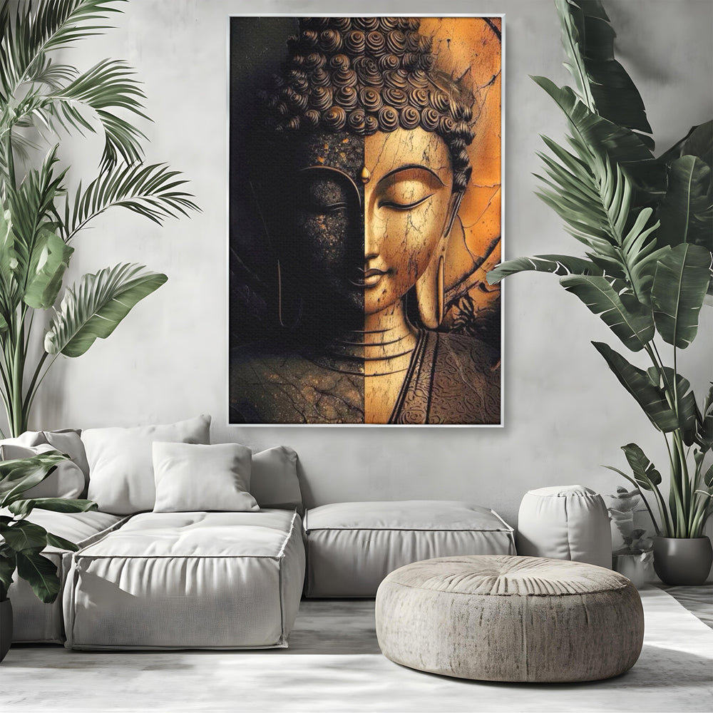Tablou Canvas Premium, LuxCanva® I143, Lumini si Umbre, Buddha, Zen, Dualitate, Iluminare, Echilibru, Timp, Energie, Meditatie, Liniste, Gold, Marmura, Living, Dormitor