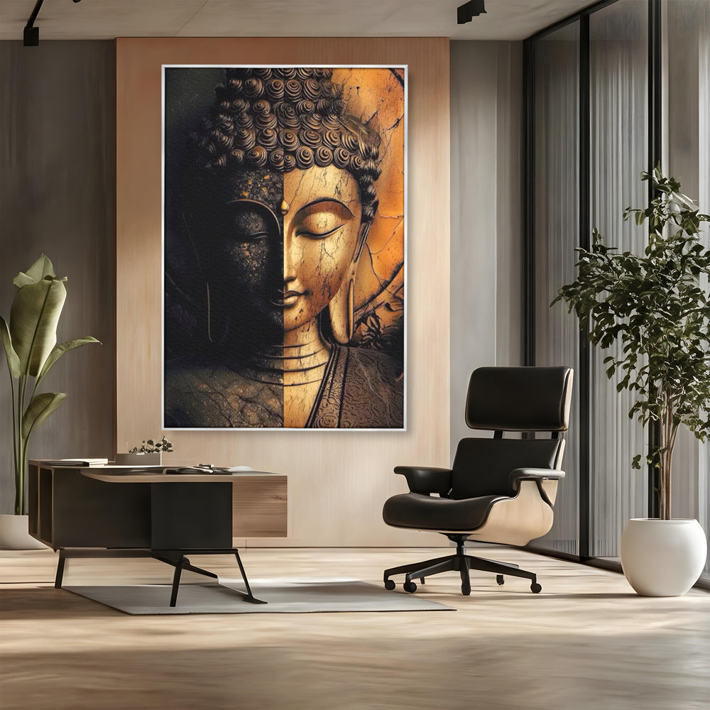 Tablou Canvas Premium, LuxCanva® I143, Lumini si Umbre, Buddha, Zen, Dualitate, Iluminare, Echilibru, Timp, Energie, Meditatie, Liniste, Gold, Marmura, Living, Dormitor