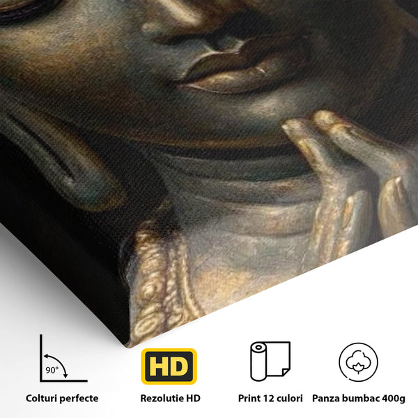 Tablou Canvas Premium, LuxCanva® I145, Rugaciune Zen, Buddha, Zen, Liniste, Intelepciune, Iluminare, Spiritualitate, Armonie, Urna, Coroana, Gold, Living, Dormitor