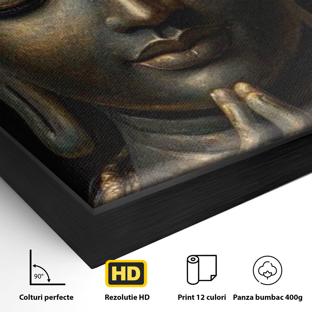 Tablou Canvas Premium, LuxCanva® I145, Rugaciune Zen, Buddha, Zen, Liniste, Intelepciune, Iluminare, Spiritualitate, Armonie, Urna, Coroana, Gold, Living, Dormitor