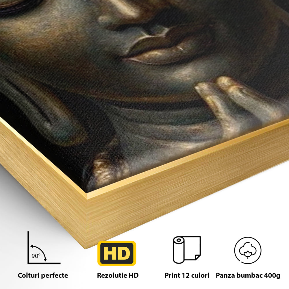 Tablou Canvas Premium, LuxCanva® I145, Rugaciune Zen, Buddha, Zen, Liniste, Intelepciune, Iluminare, Spiritualitate, Armonie, Urna, Coroana, Gold, Living, Dormitor