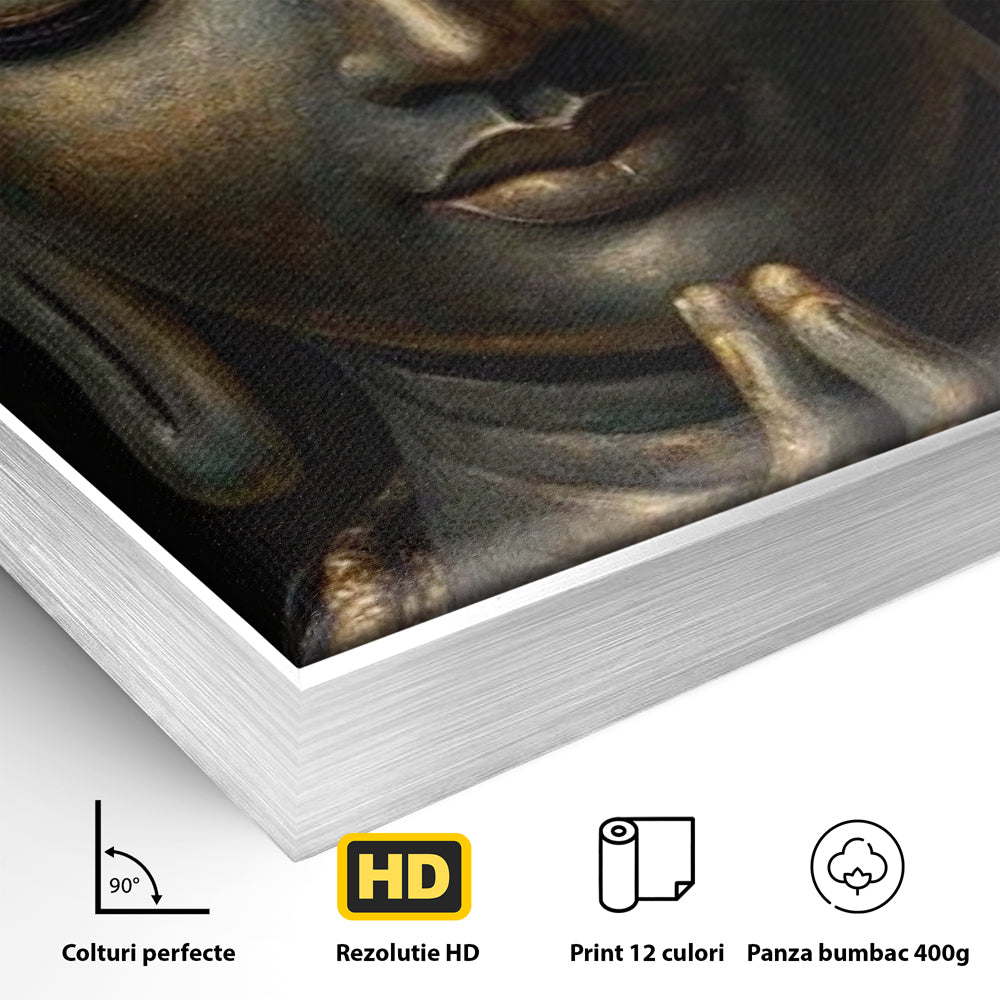 Tablou Canvas Premium, LuxCanva® I145, Rugaciune Zen, Buddha, Zen, Liniste, Intelepciune, Iluminare, Spiritualitate, Armonie, Urna, Coroana, Gold, Living, Dormitor