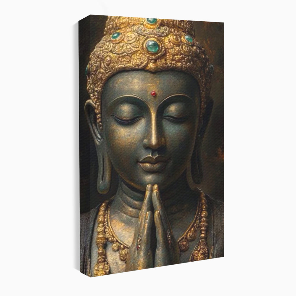 Tablou Canvas Premium, LuxCanva® I145, Rugaciune Zen, Buddha, Zen, Liniste, Intelepciune, Iluminare, Spiritualitate, Armonie, Urna, Coroana, Gold, Living, Dormitor