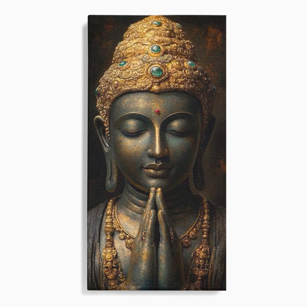 Tablou Canvas Premium, LuxCanva® I145, Rugaciune Zen, Buddha, Zen, Liniste, Intelepciune, Iluminare, Spiritualitate, Armonie, Urna, Coroana, Gold, Living, Dormitor