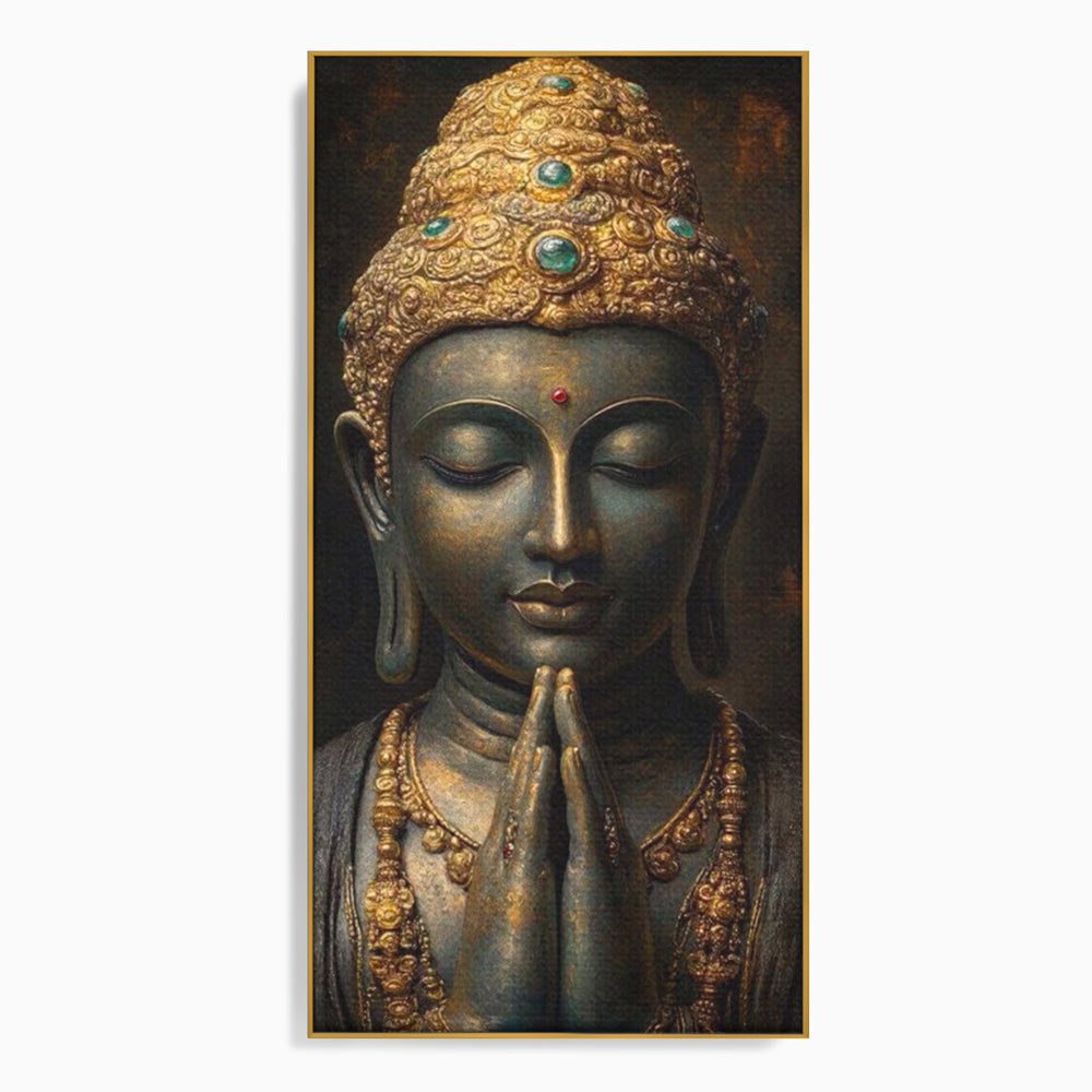 Tablou Canvas Premium, LuxCanva® I145, Rugaciune Zen, Buddha, Zen, Liniste, Intelepciune, Iluminare, Spiritualitate, Armonie, Urna, Coroana, Gold, Living, Dormitor