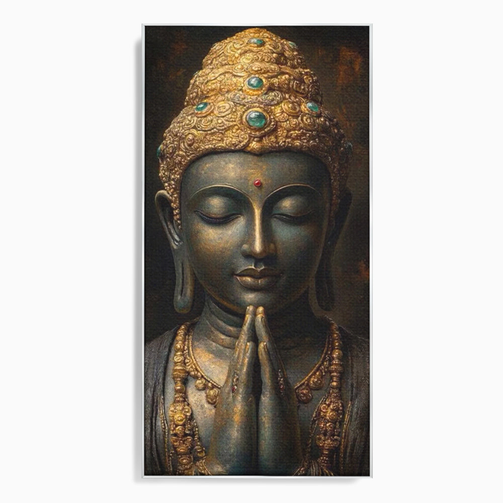 Tablou Canvas Premium, LuxCanva® I145, Rugaciune Zen, Buddha, Zen, Liniste, Intelepciune, Iluminare, Spiritualitate, Armonie, Urna, Coroana, Gold, Living, Dormitor