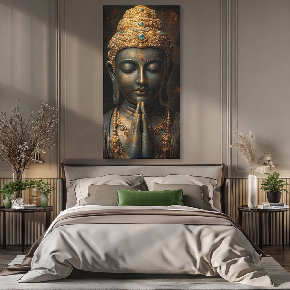Tablou Canvas Premium, LuxCanva® I145, Rugaciune Zen, Buddha, Zen, Liniste, Intelepciune, Iluminare, Spiritualitate, Armonie, Urna, Coroana, Gold, Living, Dormitor