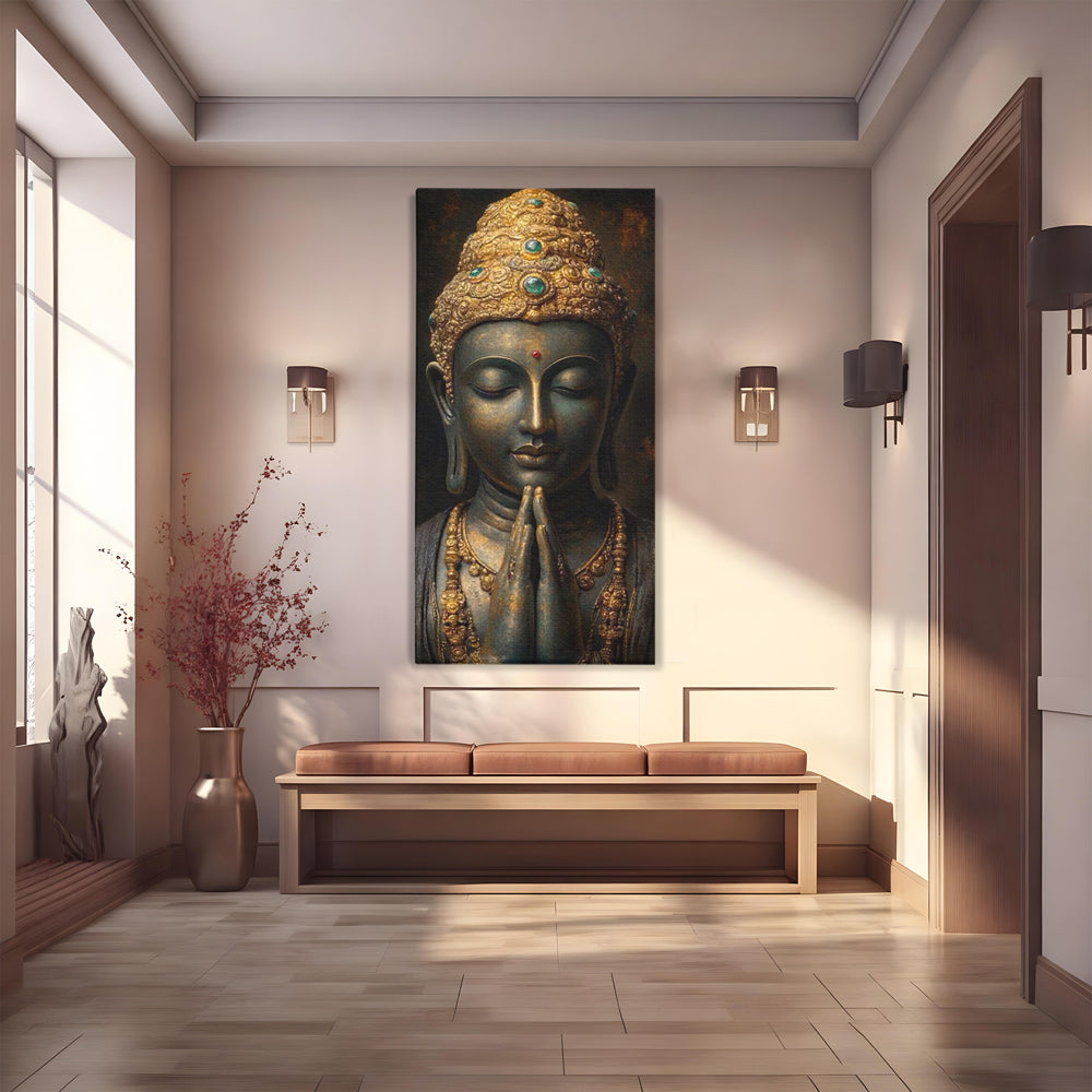 Tablou Canvas Premium, LuxCanva® I145, Rugaciune Zen, Buddha, Zen, Liniste, Intelepciune, Iluminare, Spiritualitate, Armonie, Urna, Coroana, Gold, Living, Dormitor