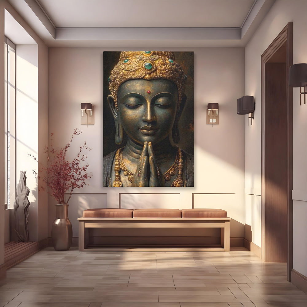Tablou Canvas Premium, LuxCanva® I145, Rugaciune Zen, Buddha, Zen, Liniste, Intelepciune, Iluminare, Spiritualitate, Armonie, Urna, Coroana, Gold, Living, Dormitor