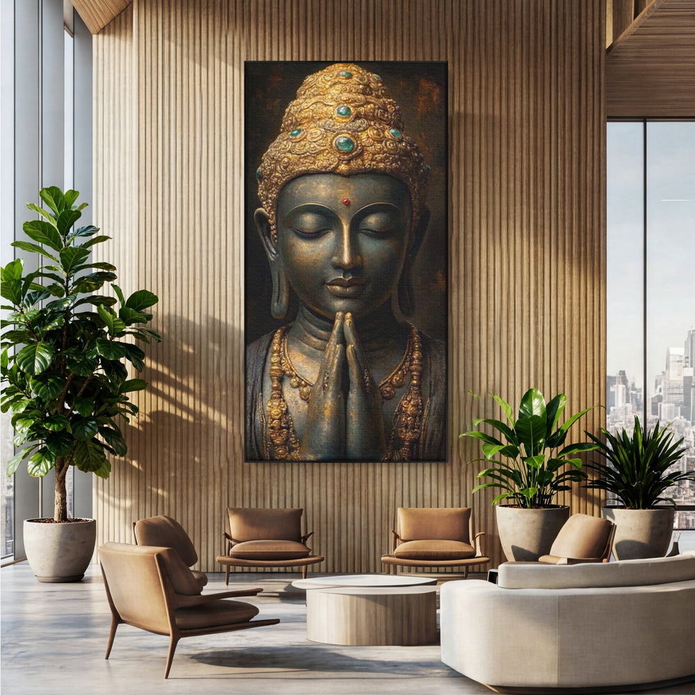 Tablou Canvas Premium, LuxCanva® I145, Rugaciune Zen, Buddha, Zen, Liniste, Intelepciune, Iluminare, Spiritualitate, Armonie, Urna, Coroana, Gold, Living, Dormitor