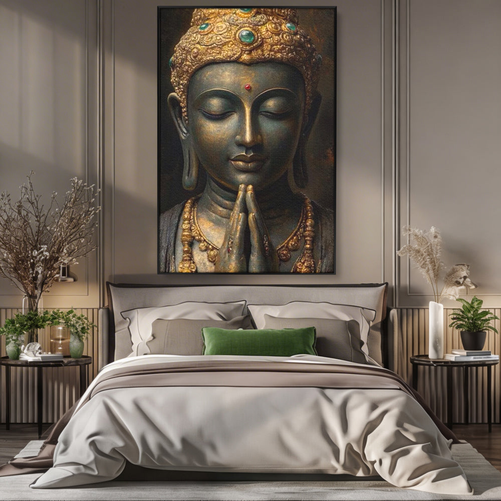 Tablou Canvas Premium, LuxCanva® I145, Rugaciune Zen, Buddha, Zen, Liniste, Intelepciune, Iluminare, Spiritualitate, Armonie, Urna, Coroana, Gold, Living, Dormitor