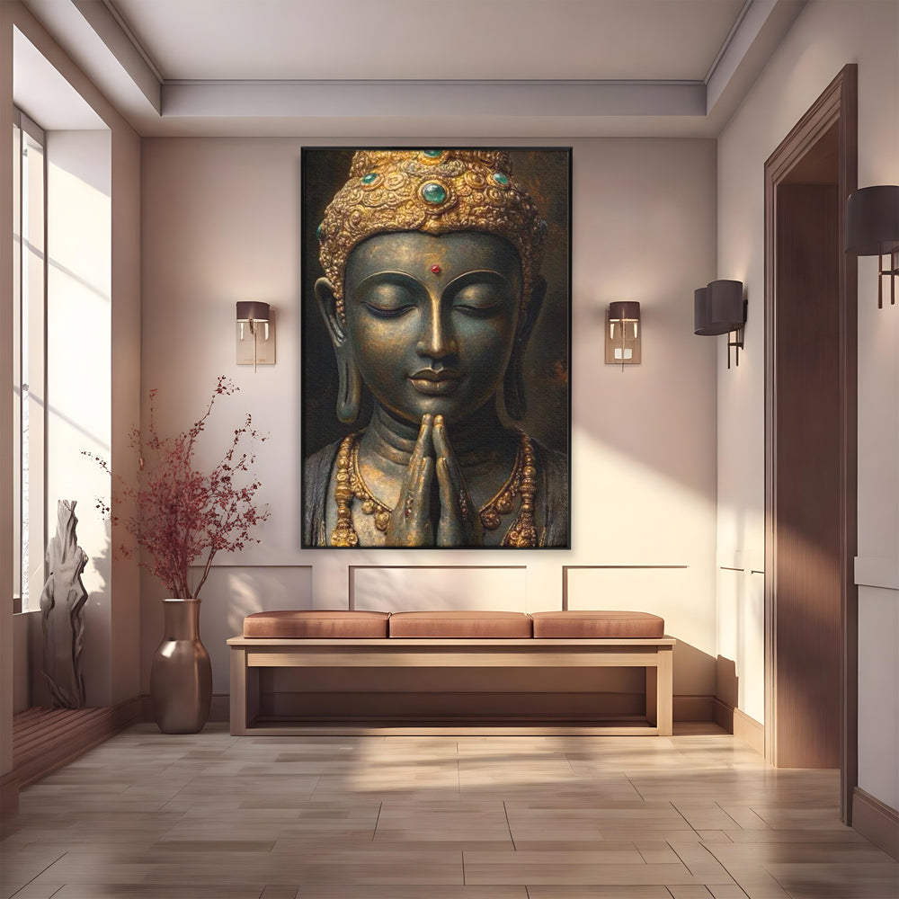Tablou Canvas Premium, LuxCanva® I145, Rugaciune Zen, Buddha, Zen, Liniste, Intelepciune, Iluminare, Spiritualitate, Armonie, Urna, Coroana, Gold, Living, Dormitor