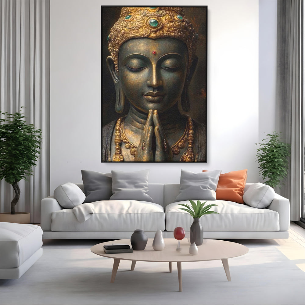 Tablou Canvas Premium, LuxCanva® I145, Rugaciune Zen, Buddha, Zen, Liniste, Intelepciune, Iluminare, Spiritualitate, Armonie, Urna, Coroana, Gold, Living, Dormitor