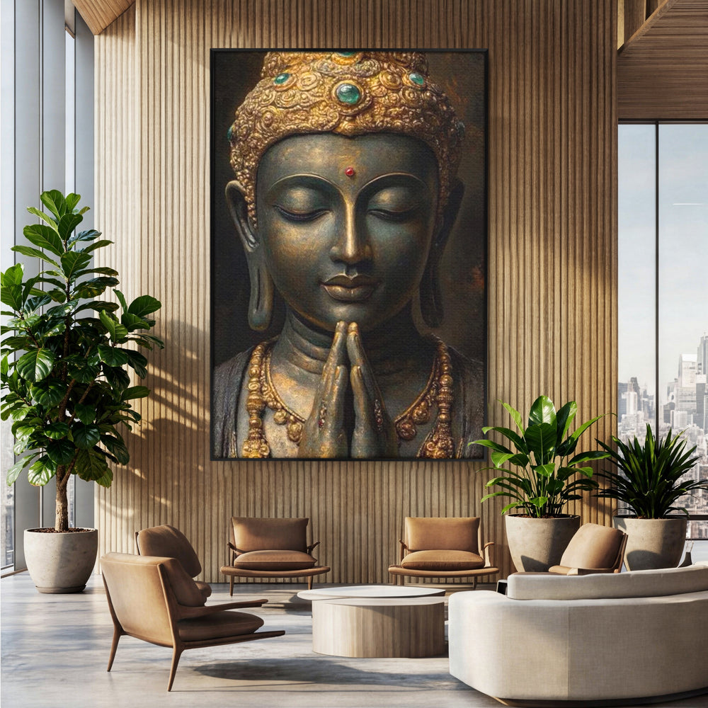 Tablou Canvas Premium, LuxCanva® I145, Rugaciune Zen, Buddha, Zen, Liniste, Intelepciune, Iluminare, Spiritualitate, Armonie, Urna, Coroana, Gold, Living, Dormitor