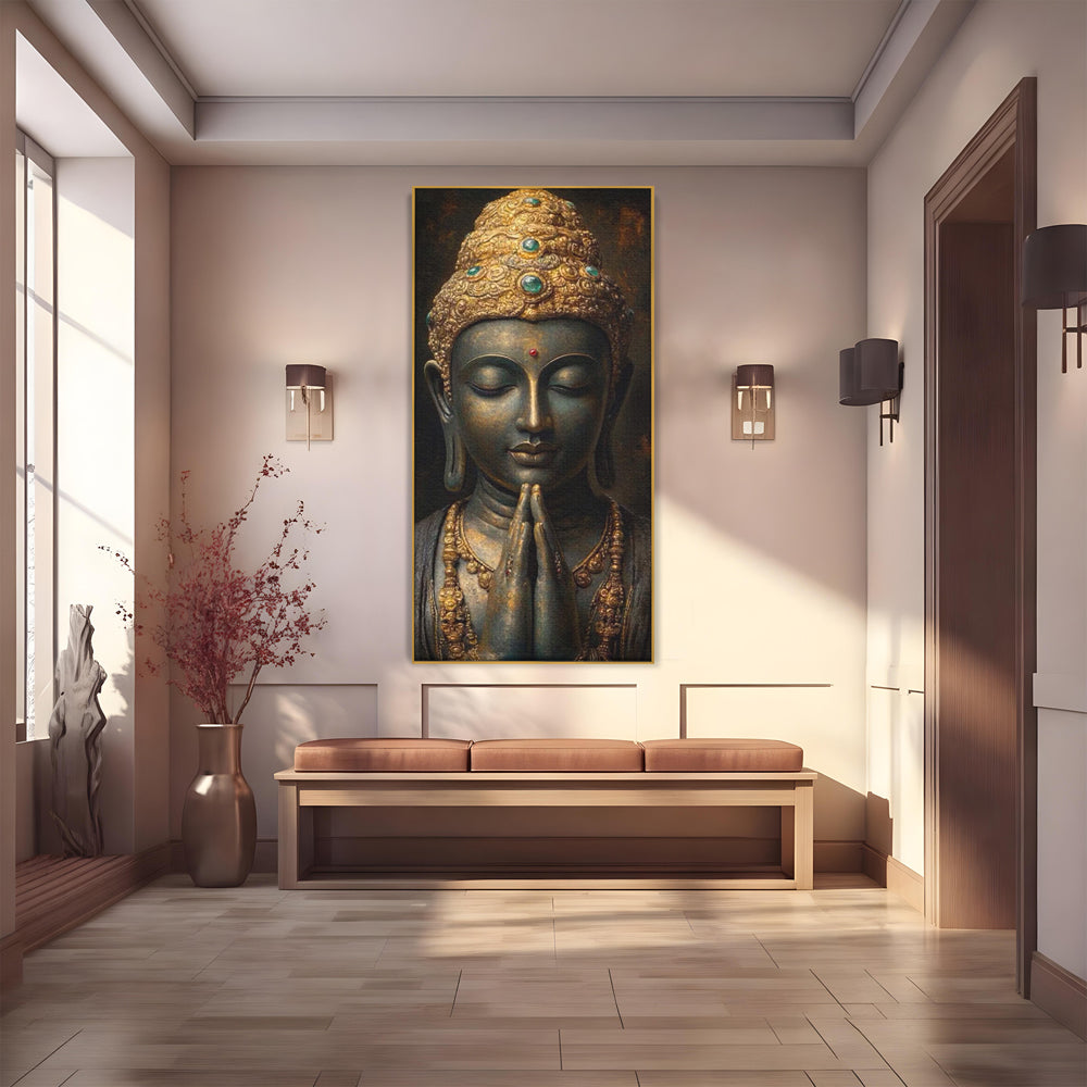 Tablou Canvas Premium, LuxCanva® I145, Rugaciune Zen, Buddha, Zen, Liniste, Intelepciune, Iluminare, Spiritualitate, Armonie, Urna, Coroana, Gold, Living, Dormitor