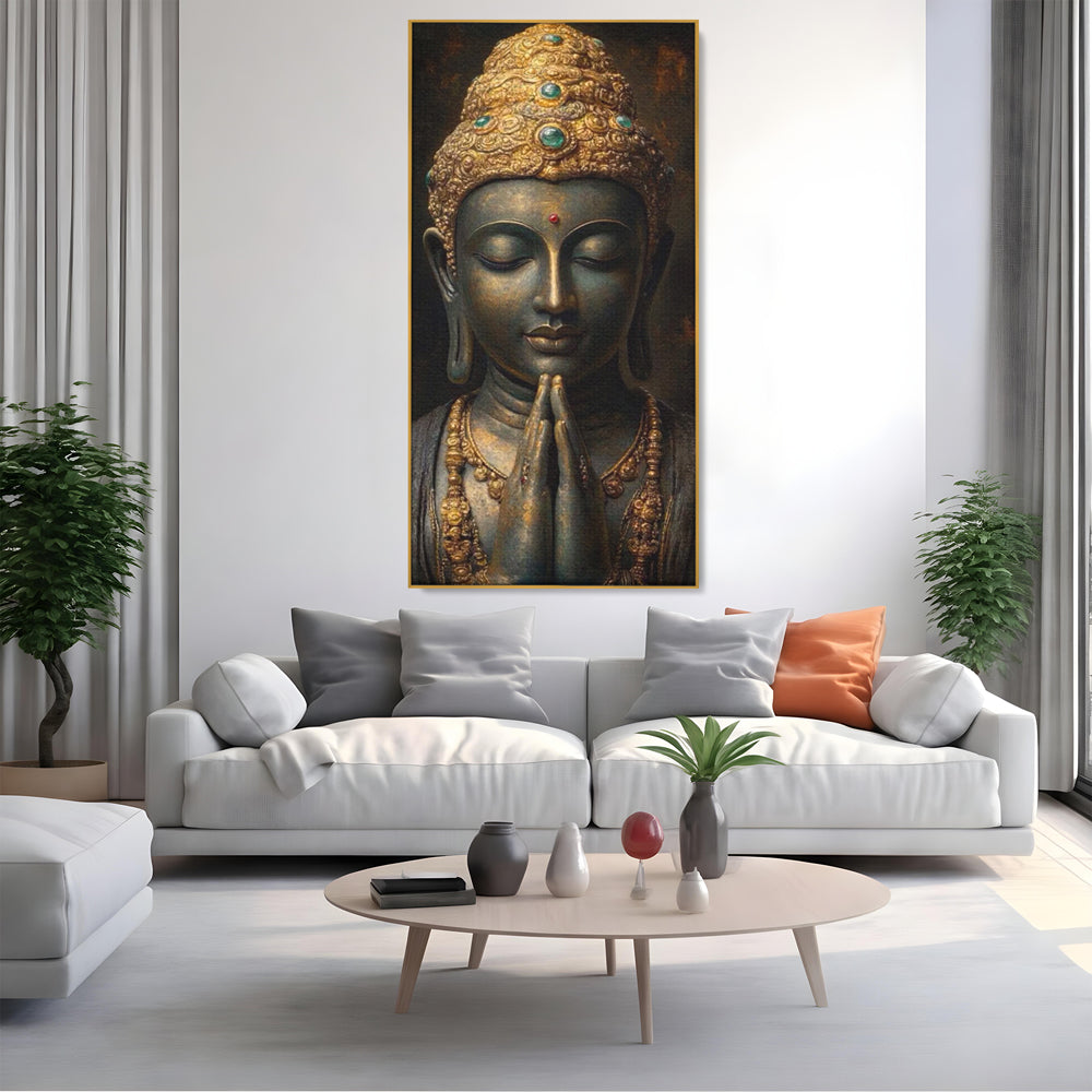 Tablou Canvas Premium, LuxCanva® I145, Rugaciune Zen, Buddha, Zen, Liniste, Intelepciune, Iluminare, Spiritualitate, Armonie, Urna, Coroana, Gold, Living, Dormitor