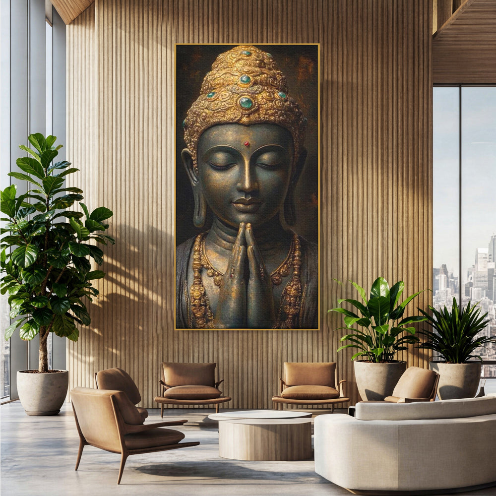 Tablou Canvas Premium, LuxCanva® I145, Rugaciune Zen, Buddha, Zen, Liniste, Intelepciune, Iluminare, Spiritualitate, Armonie, Urna, Coroana, Gold, Living, Dormitor