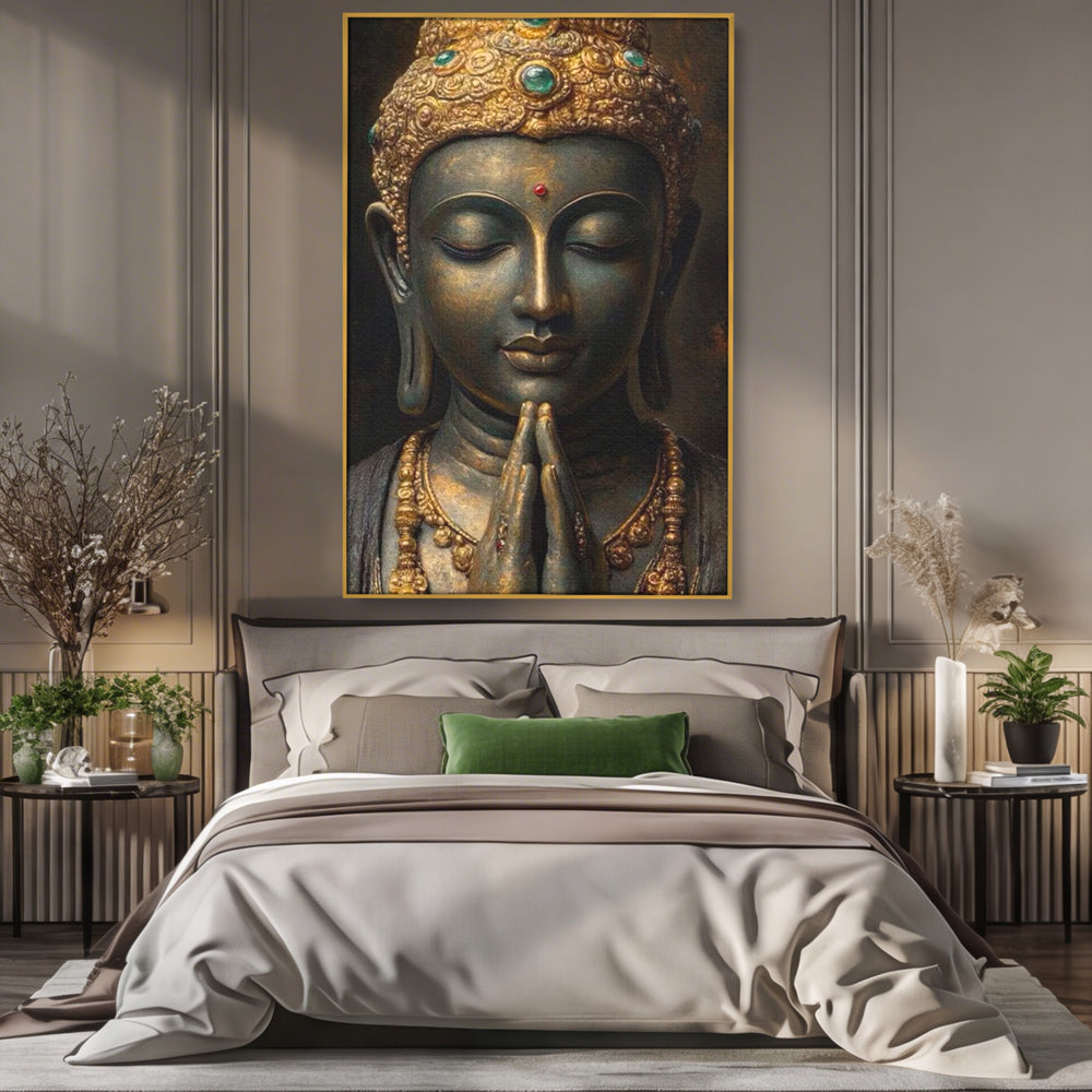 Tablou Canvas Premium, LuxCanva® I145, Rugaciune Zen, Buddha, Zen, Liniste, Intelepciune, Iluminare, Spiritualitate, Armonie, Urna, Coroana, Gold, Living, Dormitor