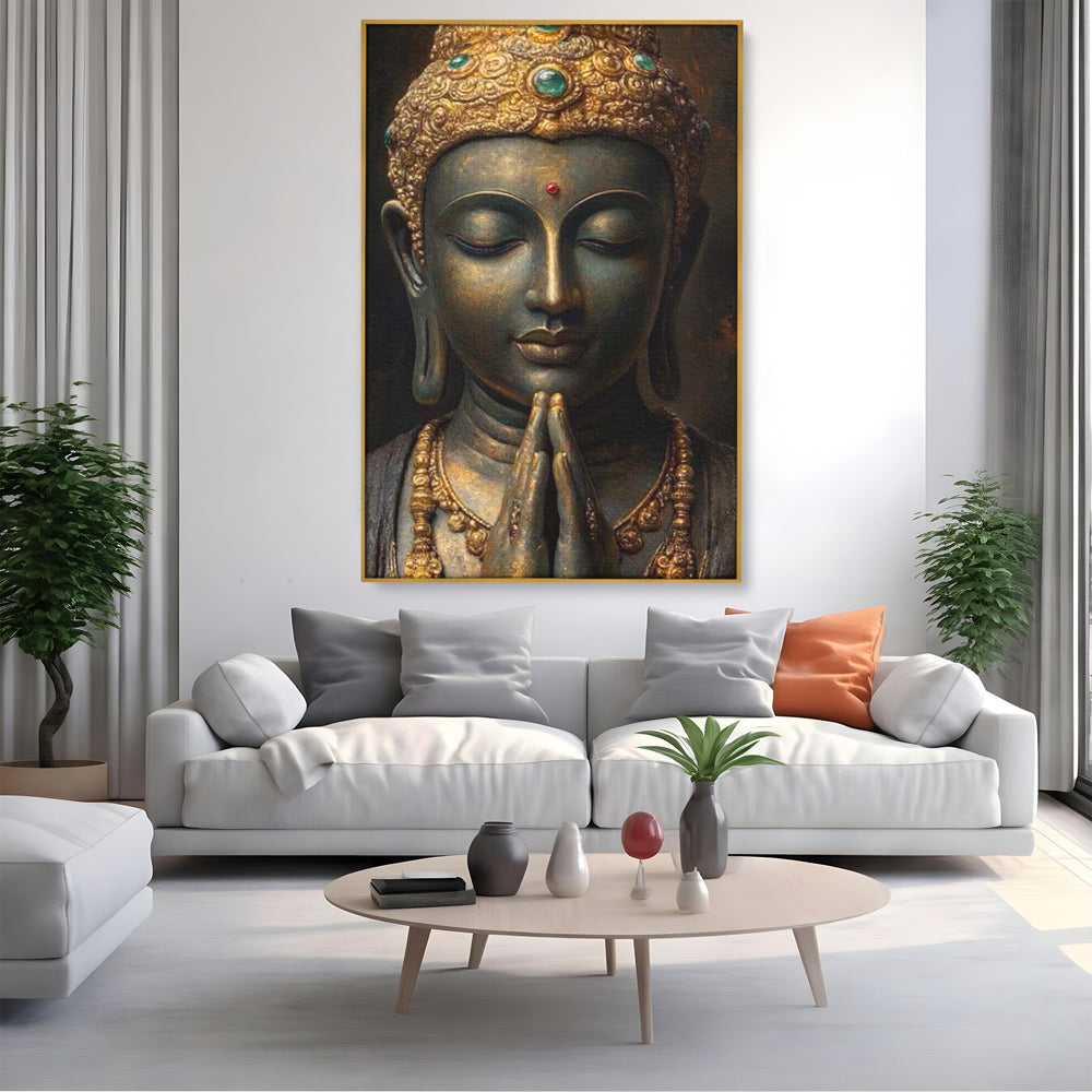 Tablou Canvas Premium, LuxCanva® I145, Rugaciune Zen, Buddha, Zen, Liniste, Intelepciune, Iluminare, Spiritualitate, Armonie, Urna, Coroana, Gold, Living, Dormitor