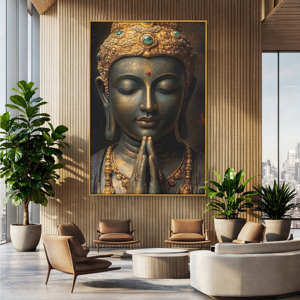 Tablou Canvas Premium, LuxCanva® I145, Rugaciune Zen, Buddha, Zen, Liniste, Intelepciune, Iluminare, Spiritualitate, Armonie, Urna, Coroana, Gold, Living, Dormitor
