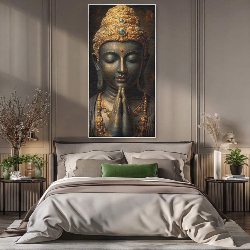 Tablou Canvas Premium, LuxCanva® I145, Rugaciune Zen, Buddha, Zen, Liniste, Intelepciune, Iluminare, Spiritualitate, Armonie, Urna, Coroana, Gold, Living, Dormitor
