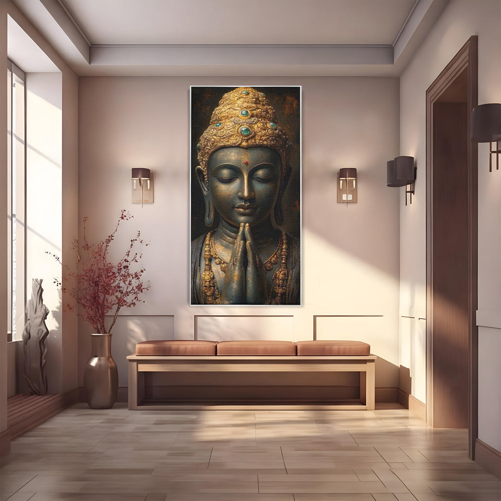 Tablou Canvas Premium, LuxCanva® I145, Rugaciune Zen, Buddha, Zen, Liniste, Intelepciune, Iluminare, Spiritualitate, Armonie, Urna, Coroana, Gold, Living, Dormitor