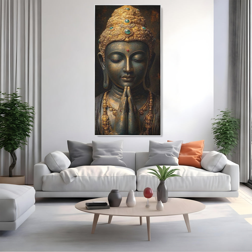 Tablou Canvas Premium, LuxCanva® I145, Rugaciune Zen, Buddha, Zen, Liniste, Intelepciune, Iluminare, Spiritualitate, Armonie, Urna, Coroana, Gold, Living, Dormitor