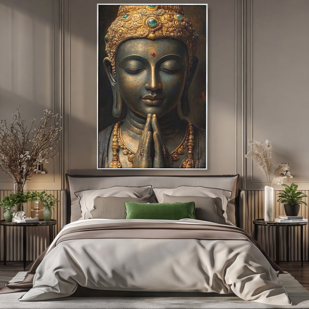 Tablou Canvas Premium, LuxCanva® I145, Rugaciune Zen, Buddha, Zen, Liniste, Intelepciune, Iluminare, Spiritualitate, Armonie, Urna, Coroana, Gold, Living, Dormitor