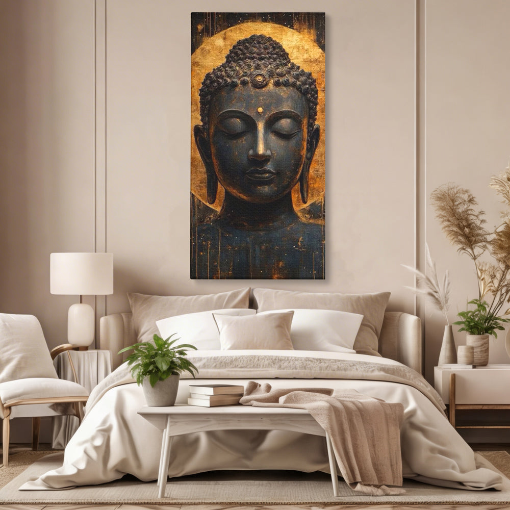 Leinwandbilder Premium LuxCanva® I146, Energie und Ruhe, Buddha, Zen, Ruhe, Weisheit, Erleuchtung, Erleuchtung, Spiritualität, Harmonie, Urne, Aura, Feuer, Gold, Wohnen, Schlafzimmer