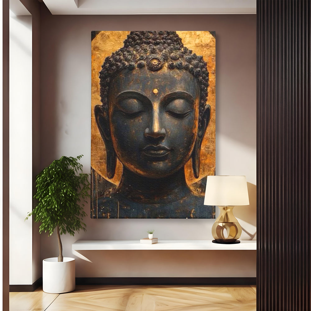Leinwandbilder Premium LuxCanva® I146, Energie und Ruhe, Buddha, Zen, Ruhe, Weisheit, Erleuchtung, Erleuchtung, Spiritualität, Harmonie, Urne, Aura, Feuer, Gold, Wohnen, Schlafzimmer