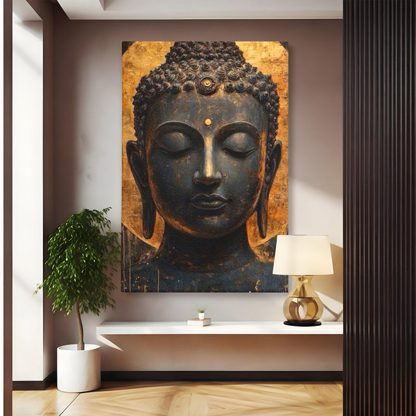 Leinwandbilder Premium LuxCanva® I146, Energie und Ruhe, Buddha, Zen, Ruhe, Weisheit, Erleuchtung, Erleuchtung, Spiritualität, Harmonie, Urne, Aura, Feuer, Gold, Wohnen, Schlafzimmer