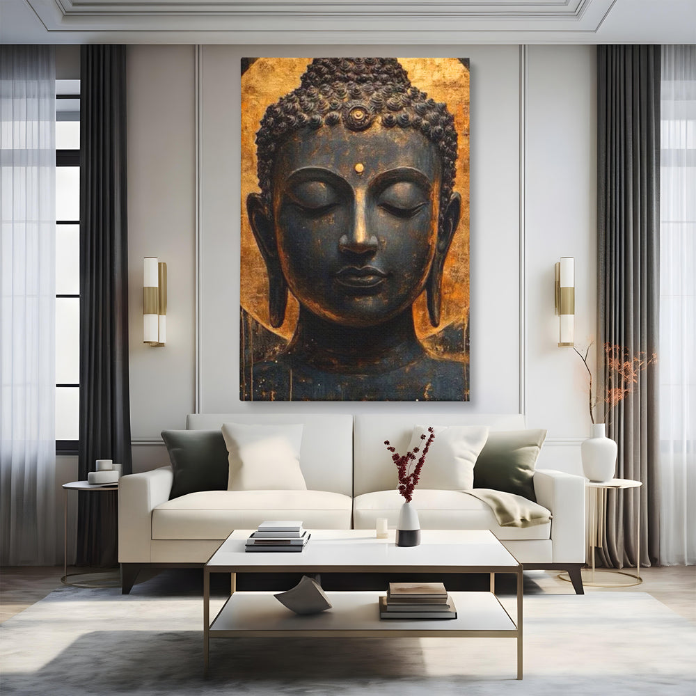Leinwandbilder Premium LuxCanva® I146, Energie und Ruhe, Buddha, Zen, Ruhe, Weisheit, Erleuchtung, Erleuchtung, Spiritualität, Harmonie, Urne, Aura, Feuer, Gold, Wohnen, Schlafzimmer