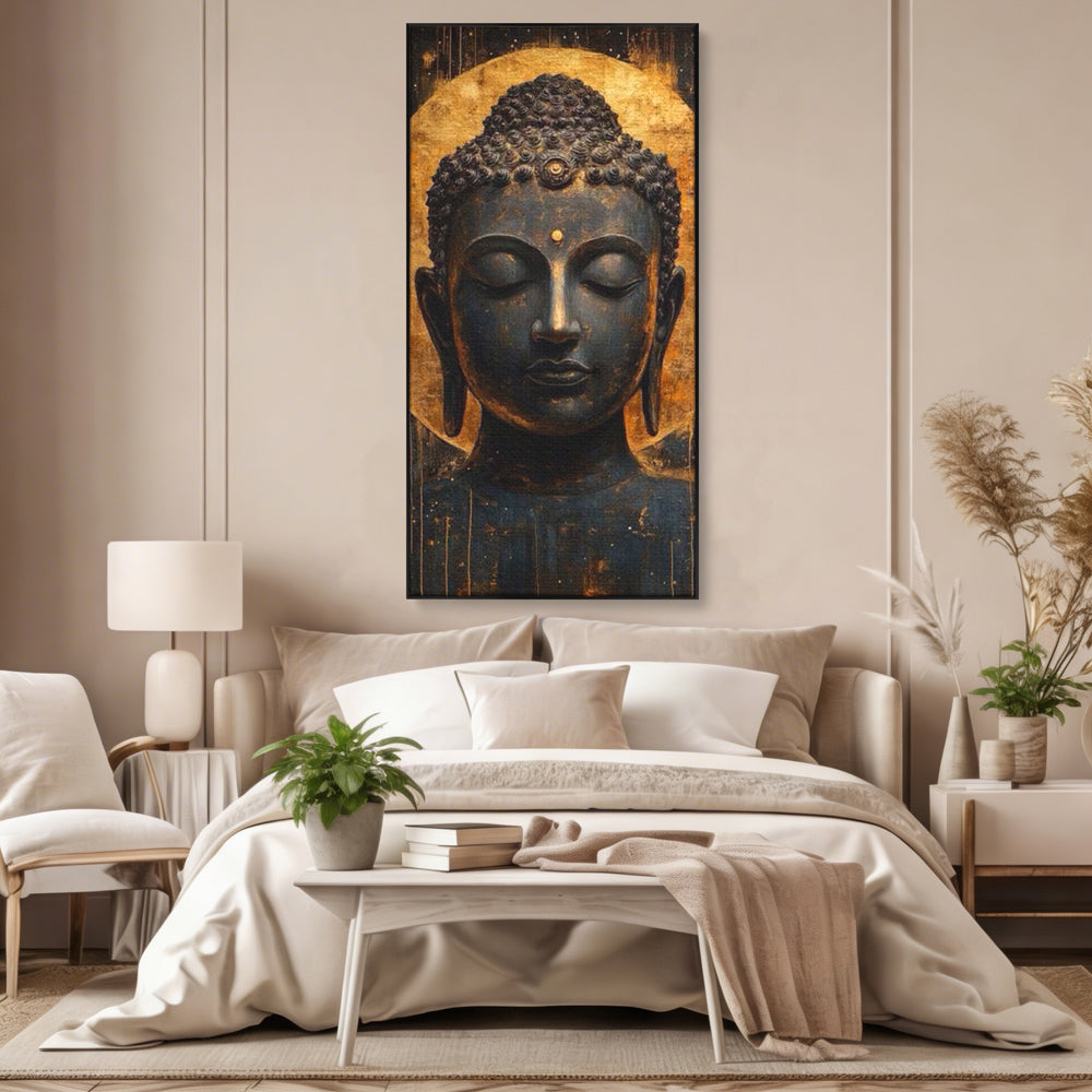 Leinwandbilder Premium LuxCanva® I146, Energie und Ruhe, Buddha, Zen, Ruhe, Weisheit, Erleuchtung, Erleuchtung, Spiritualität, Harmonie, Urne, Aura, Feuer, Gold, Wohnen, Schlafzimmer